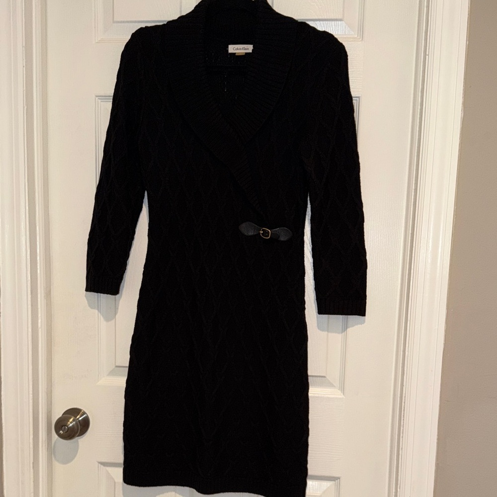Calvin Klein Cable Knit Shawl Collar Buckle Sweater Dress M - Picture 15 of 16